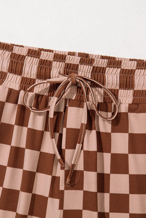 Khaki Checkered Elastic High Waist Loose Casual Pants