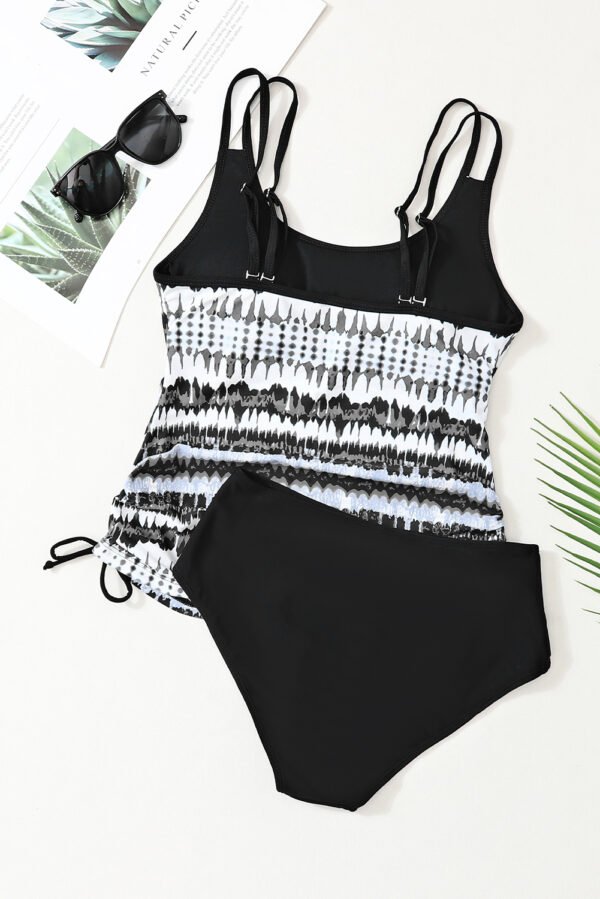 Black Printed Double Straps Printed Tankini Top with Shorts 2pcs Swimsuit