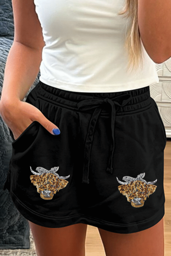 Black Sequin Heifer Patched French Terry Drawstring Skort