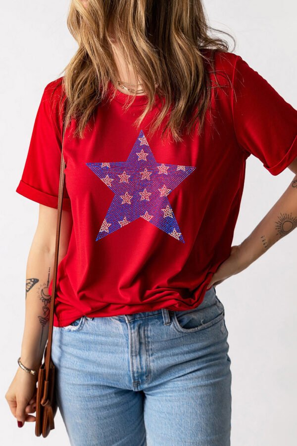 Red Rhinestone Star Pattern Independent Day T Shirt