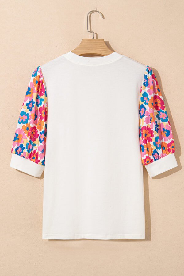 Beige Floral Puff Sleeve Patchwork Round Neck Top