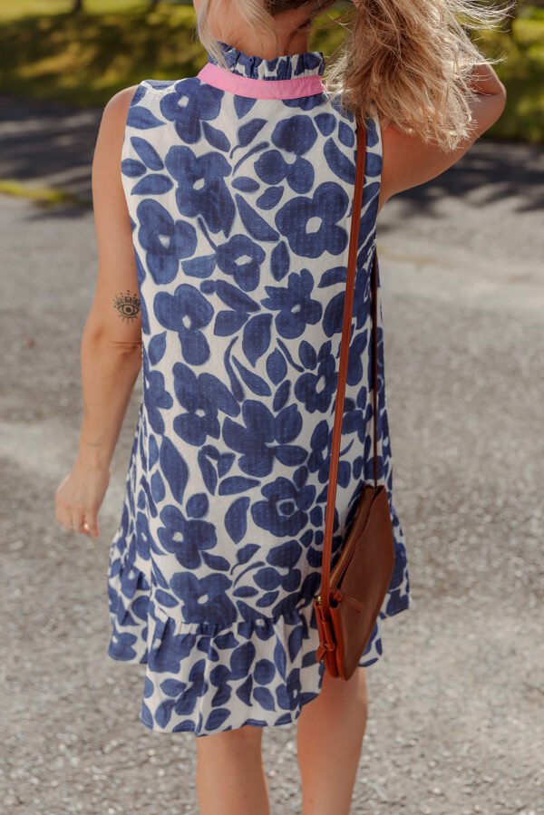 Blue Floral Sleeveless Colorblock Notched V Neck Mini Dress