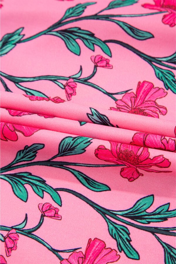 Pink Floral Contrast Neckline A-line Puff Sleeve Long Dress