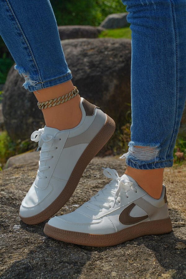 Coffee Color Contrast PU Leather Lace-up Sneakers