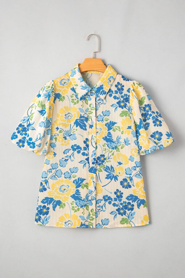 Blue Floral Striped Mixed Print Puff Short Sleeve Blouse