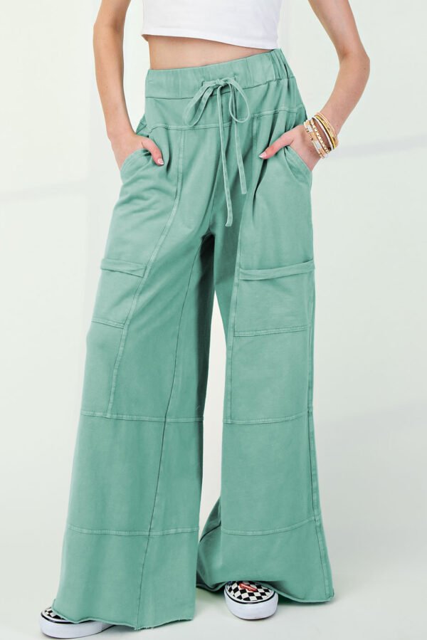 Mint Green Mineral Wash Exposed Seam Drawstring High Waist Wide Leg Cargo Pants
