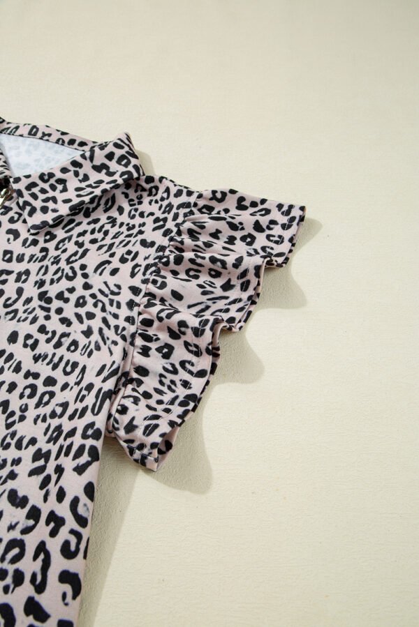 Brown Leopard Half Zipper Collared Ruffled Sleeve Top and Short Set