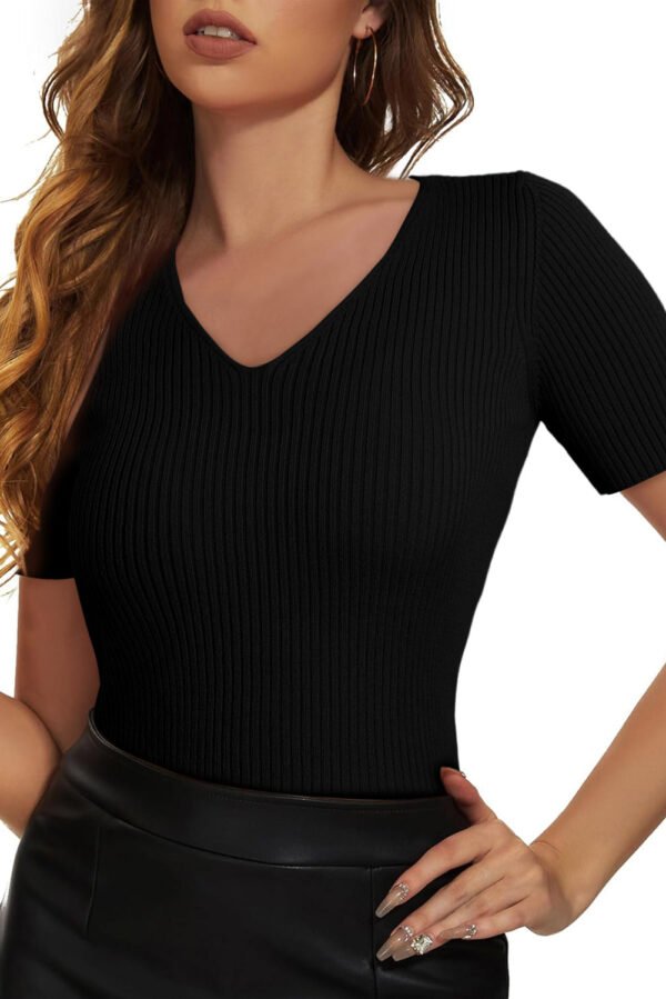 Black V Neck Ribbed Knit Lightweight Short Sleeve Sweater
