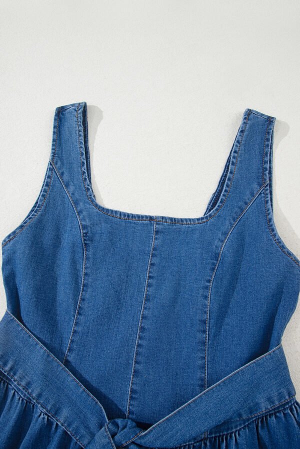 Sail Blue Square Neck Bowknot A-line Sleeveless Denim Dress
