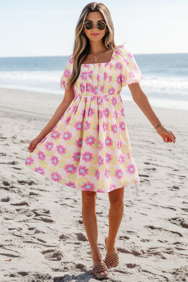 Rose Vibrant Floral Square Neck Puff Sleeve Pleated Flared Midi Dress