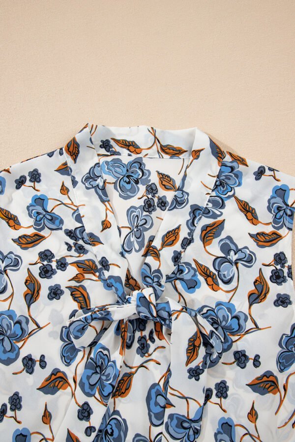 Sky Blue Floral Print Knotted V Neck Elegant Tank Top