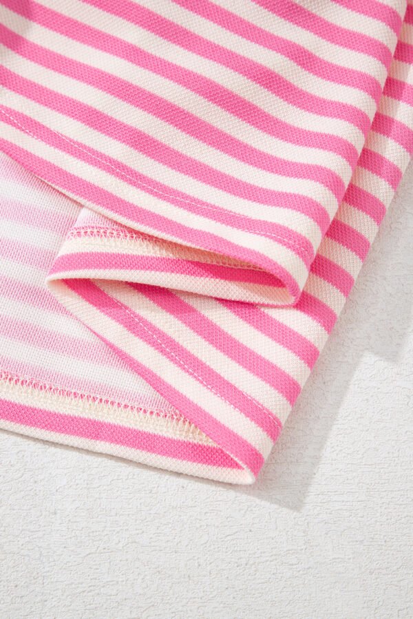 Pink Stripe Bowknot Cutout Back Drop Shoulder Wide Bracelet Sleeve Loose Tee