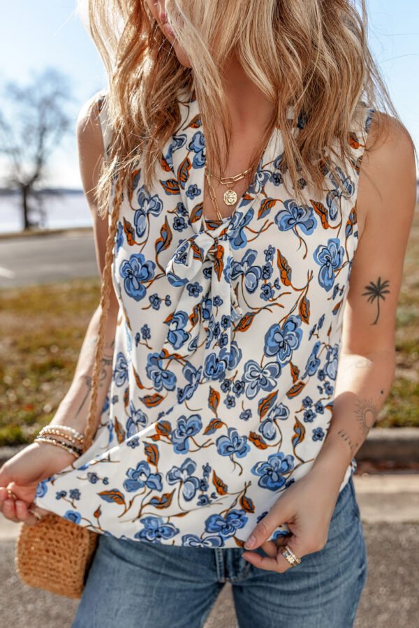 Sky Blue Floral Print Knotted V Neck Elegant Tank Top