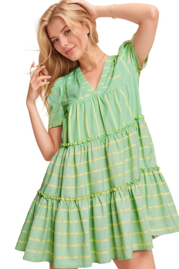 Green Stripe V Neck Short Sleeve Frilled Detail A-line Dress