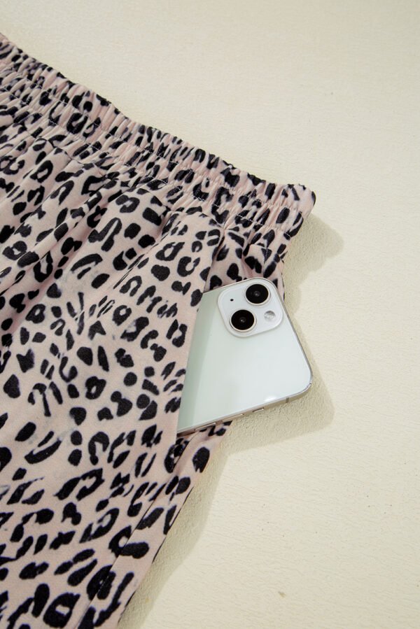 Brown Leopard Half Zipper Collared Ruffled Sleeve Top and Short Set
