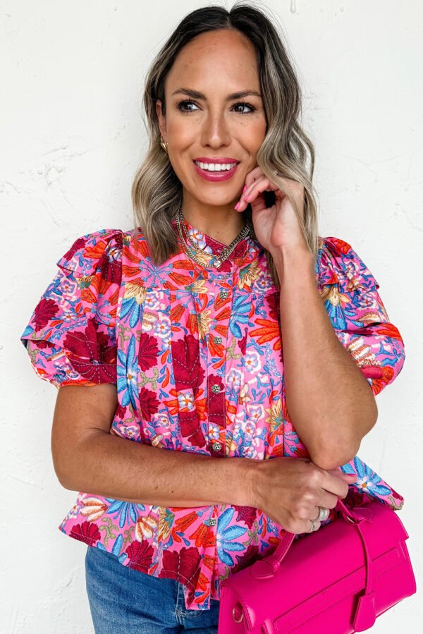 Pink Floral Print Bubble Sleeve Button Up Pleated Shirt
