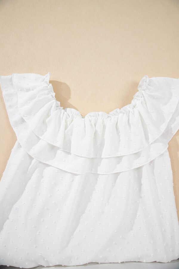 White Off Shoulder Ruffle Knotted Detail Swiss Dot Blouse