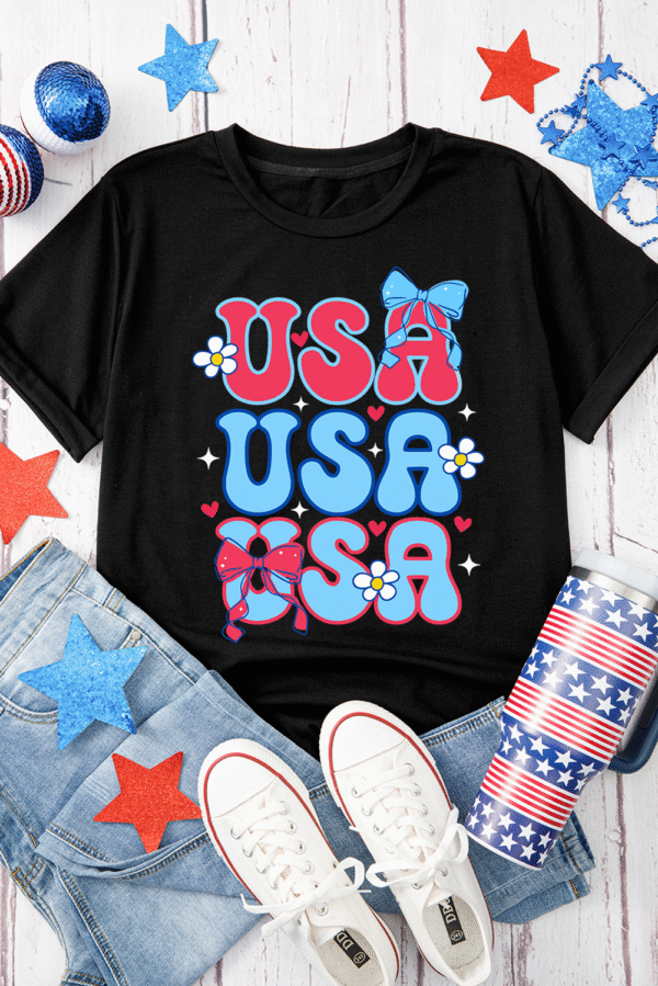 Black July 4th Cute Flower Bow USA Letter Graphic Tee