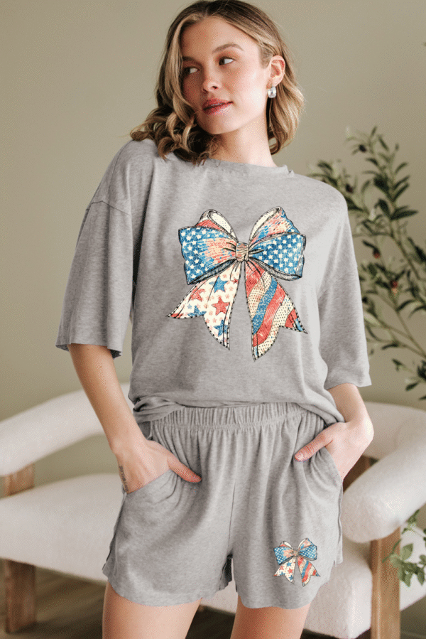 Gray USA Flag Bow Print Half Sleeve Tee and High Waist Shorts Set