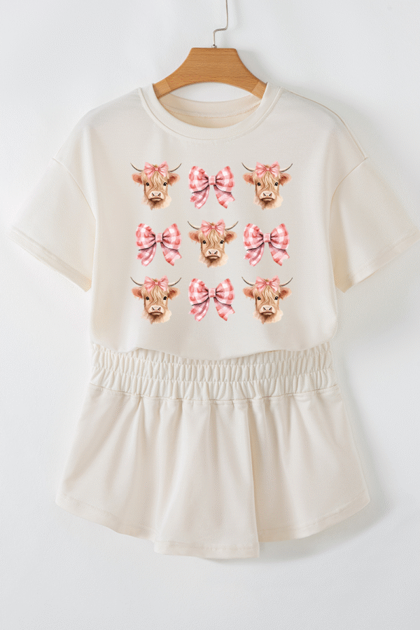 Beige Cow with Bows Cropped Tee and Skort Set
