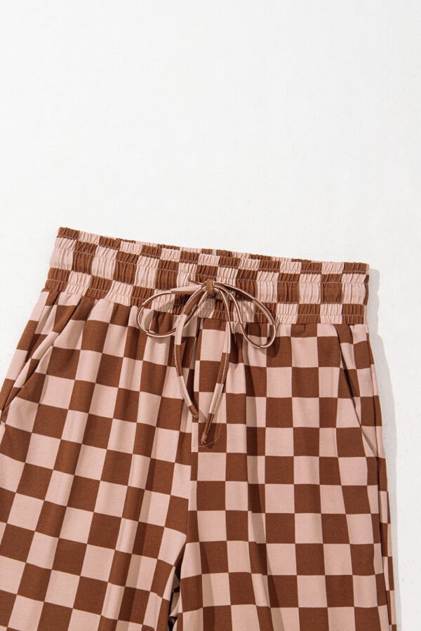 Khaki Checkered Elastic High Waist Loose Casual Pants