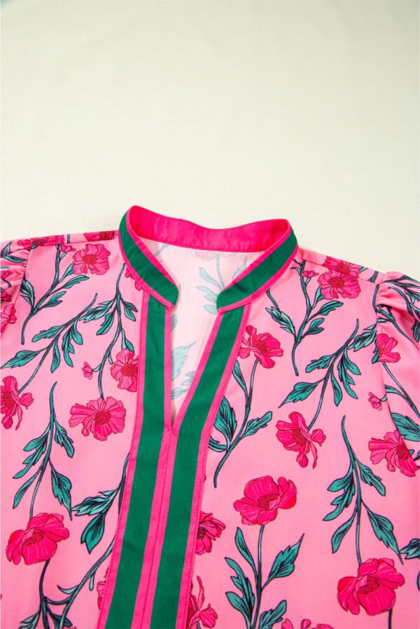 Pink Floral Contrast Neckline A-line Puff Sleeve Long Dress