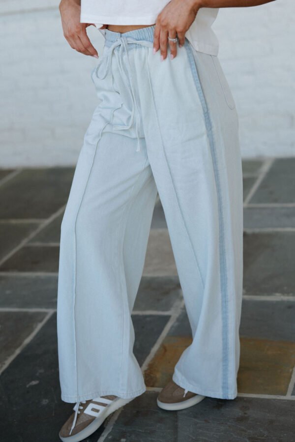 Beau Blue Light Wash Contrast Trim Center Seam Drawstring High Waist Wide Leg Denim Pants