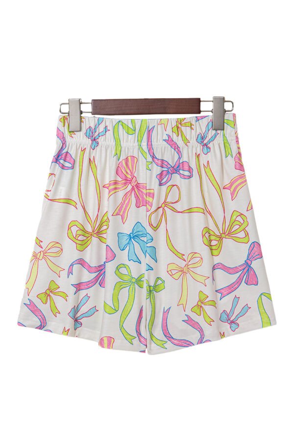 White Cheerful Bow Print Elastic Pull On Casual Shorts