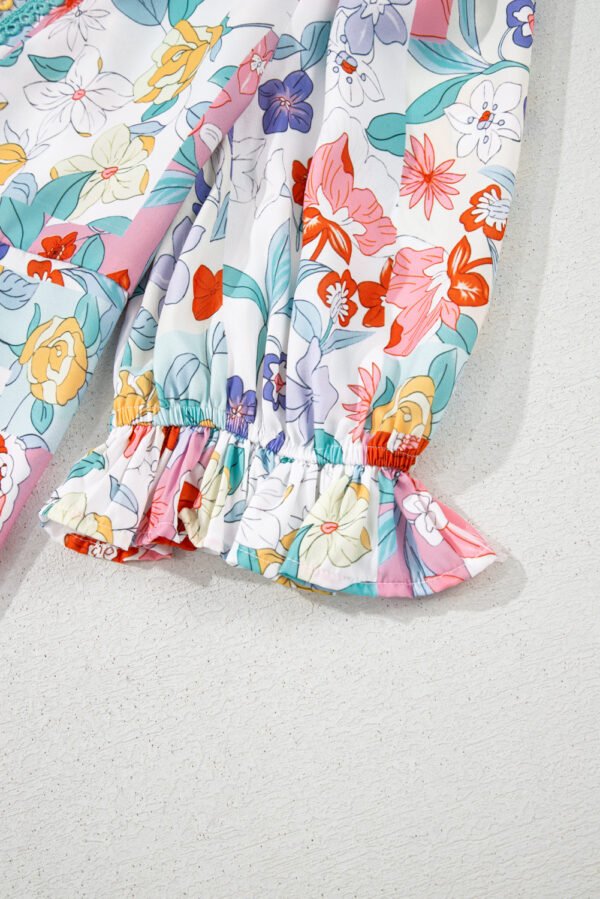 Pink Boho Flower Print Half Puff Sleeve Blouse