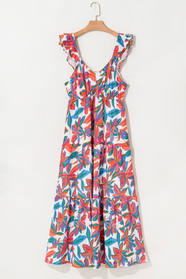 Red Boho Floral Ruffled Strap V Neck Maxi Dress