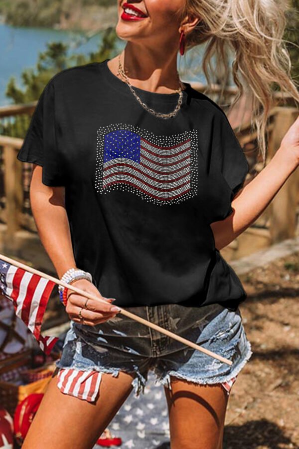 Black Rhinestone American Flag Casual Round Neck Tee