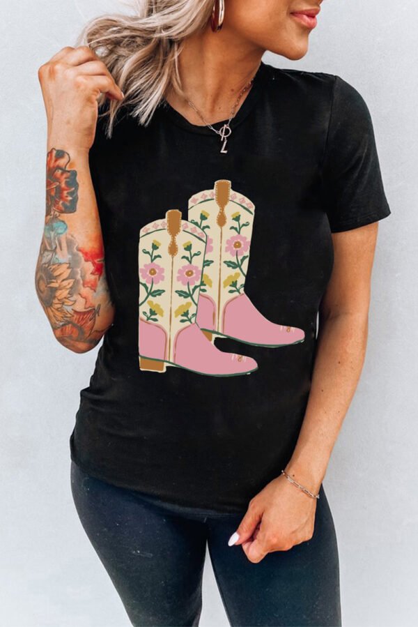 Black Floral Cowgirl Boots Cotton Blend T Shirt