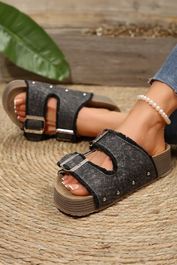 Black Double Buckle Straps Hollow Out Frayed Detial Retro Slippers
