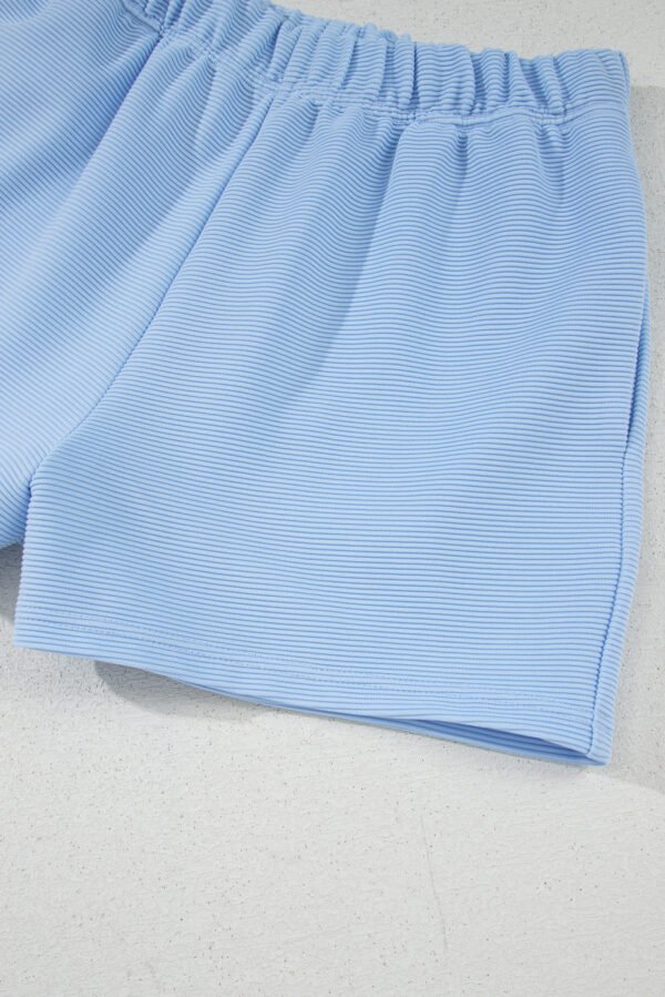 Beau Blue Ribbed Texture Half Zip Ruffled Short Sleeve Top and Shorts Set