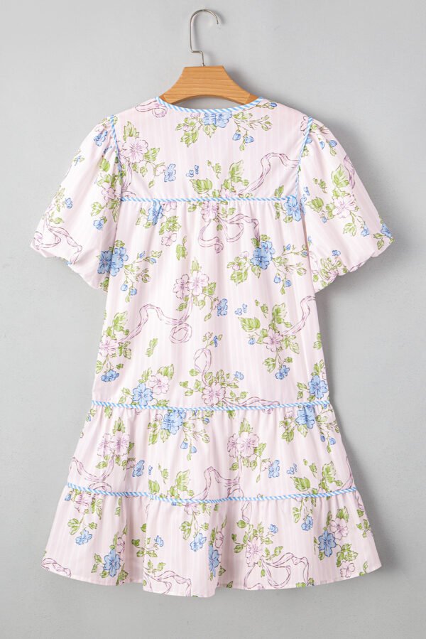 Pink Floral Striped Print Contrast Trim Tie Split Neck Mini Dress