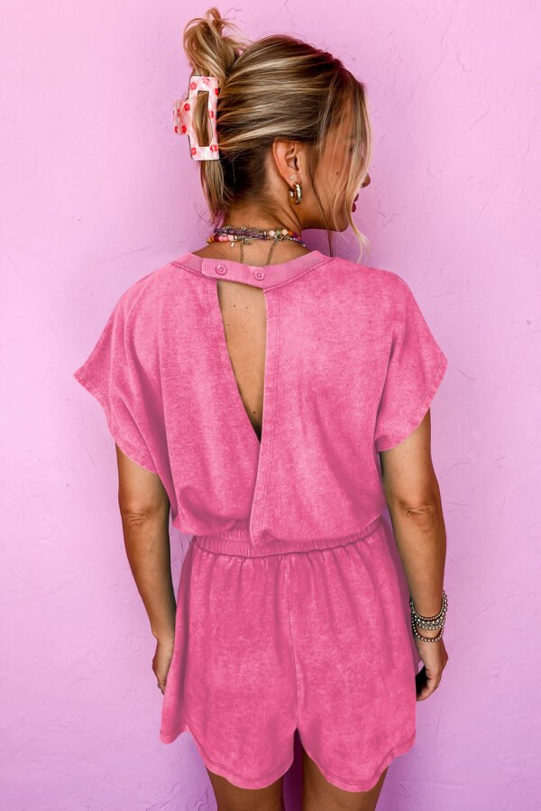 Bonbon Mineral Wash Drawstring Waist Hollow Out Back Short Sleeve Romper