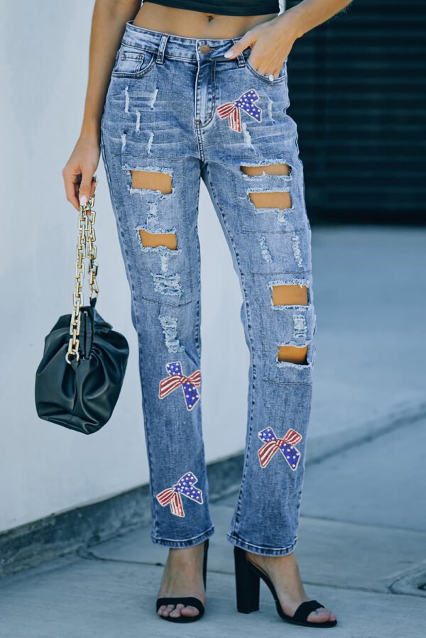 Light Blue Flag Pattern Inspired Sequin Bow Graphic Distressed Jeans