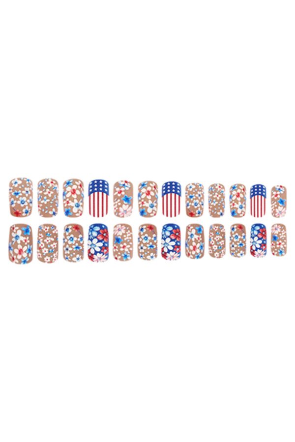 Sky Blue American Flag Flower Print Square False Nails
