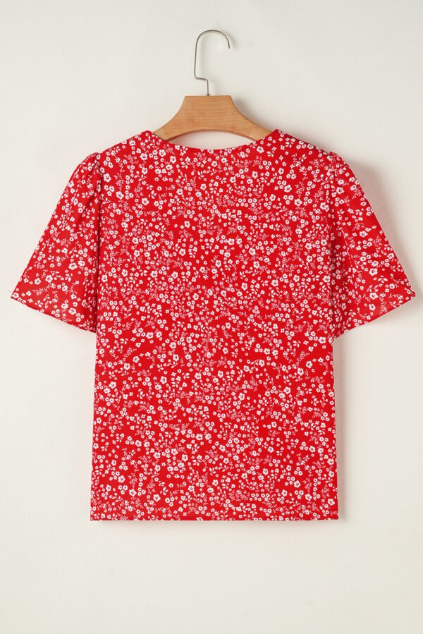 Red Boho Floral Printed Half Sleeve Knotted V Neck Blouse