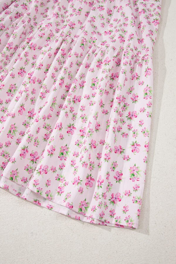 Pink Frilly Shirred Bodice Tiered Floral Maxi Dress