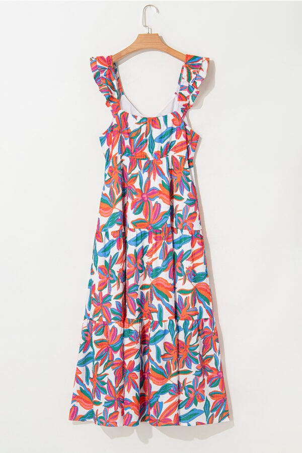 Red Boho Floral Ruffled Strap V Neck Maxi Dress