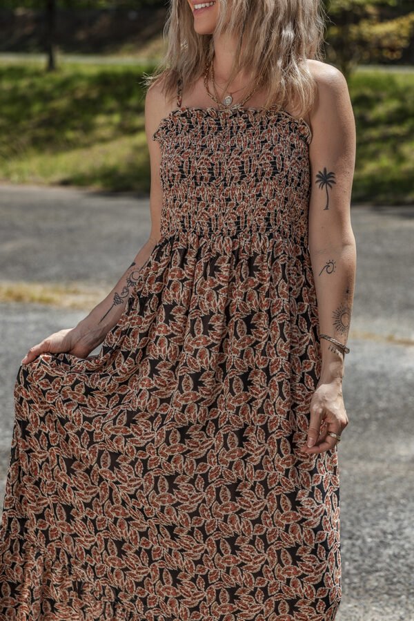 Brown Floral Smocked Bodice High Waist Flowy Sun Dress