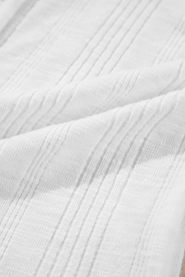White Snap Button Drawstirng Tie Neck Textured Half Sleeve Shirt