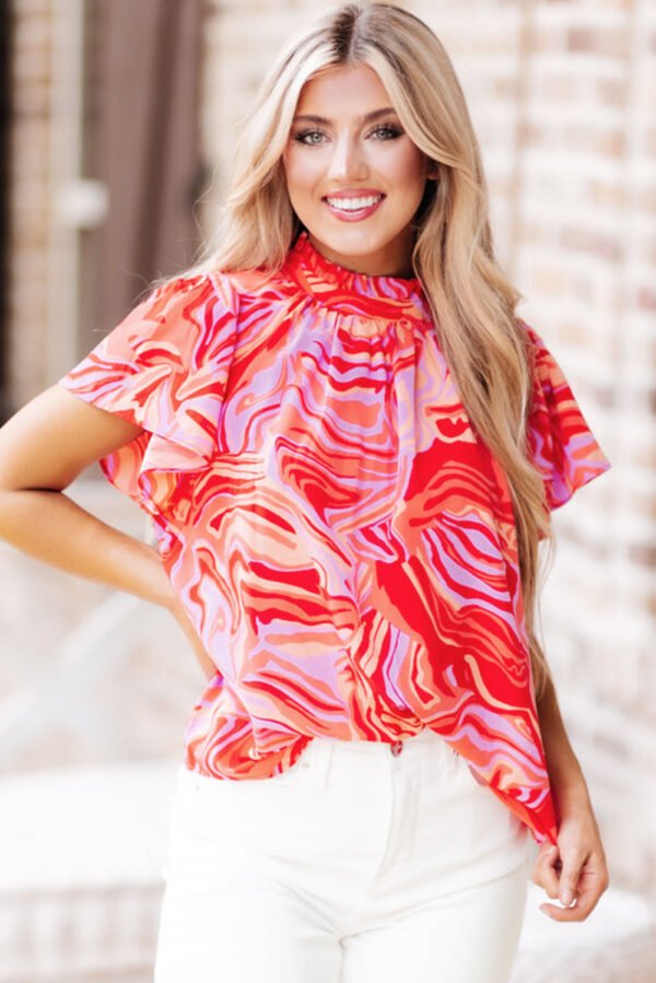 Red Abstract Print Ruffled Short Sleeve Mock Neck Blouse