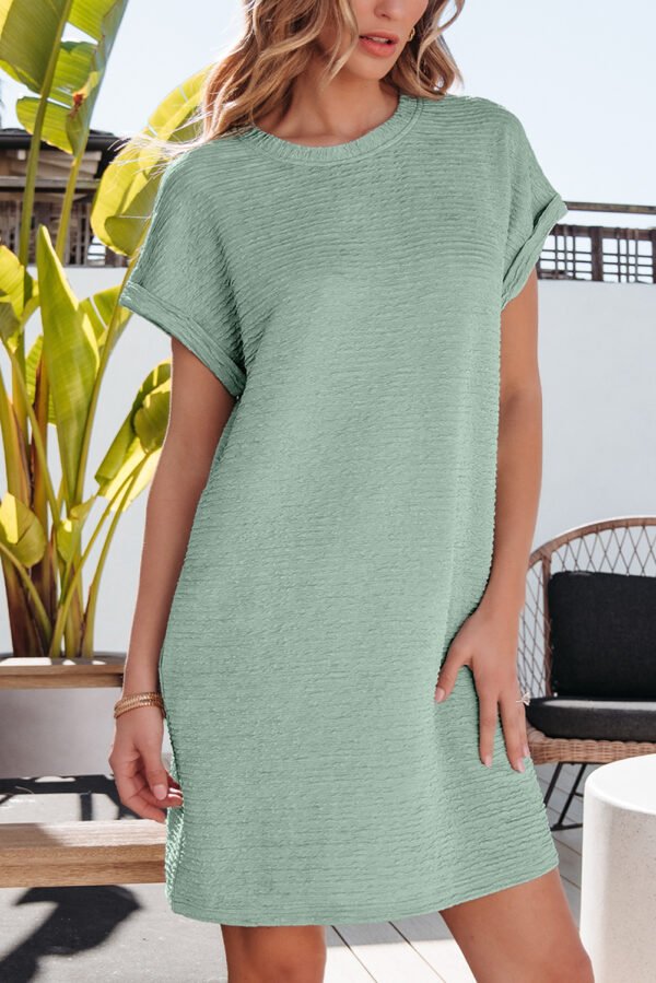 Grass Green Solid Color Textured Crinkle Short Sleeve T Shirt Dress
