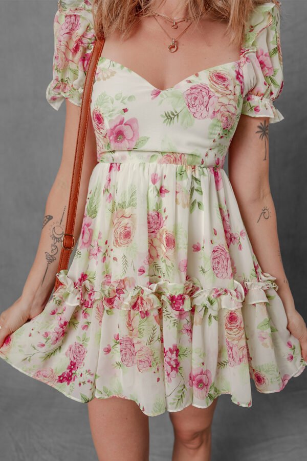 White Vibrant Floral Bubble Sleeve Sweetheart Neck Ruffle Mini Dress