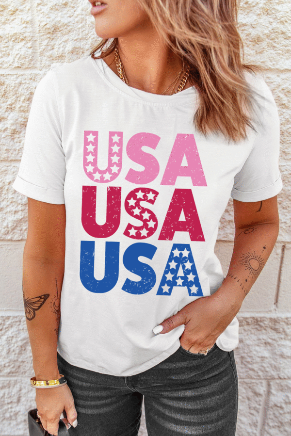 White USA Starry Letter Graphic Cotton Blend T Shirt