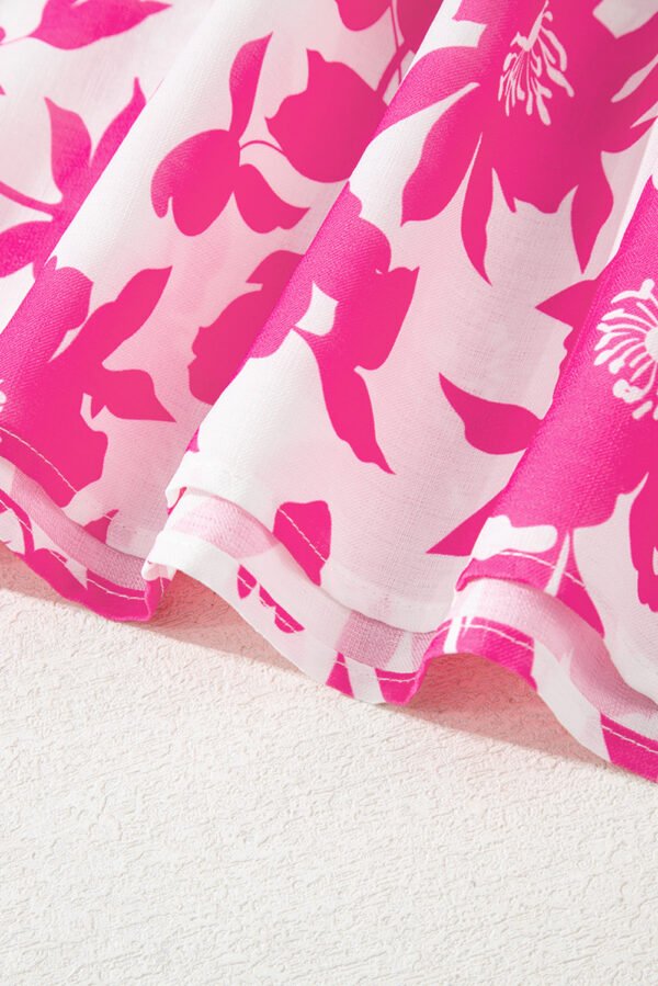 Pink Floral Printed Ruffled Short Sleeve Round Neck Loose Blouse