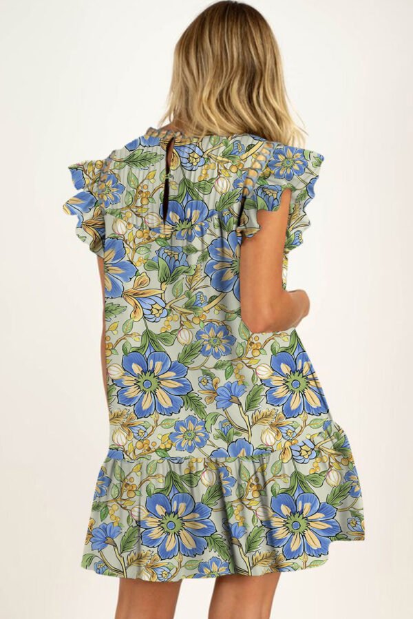 Spinach Green Botanical Floral Print Pleated Ruffle Detail Short Dress