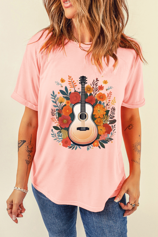 Pink Guitar Flower Print Crew Neck Loose T Shirt